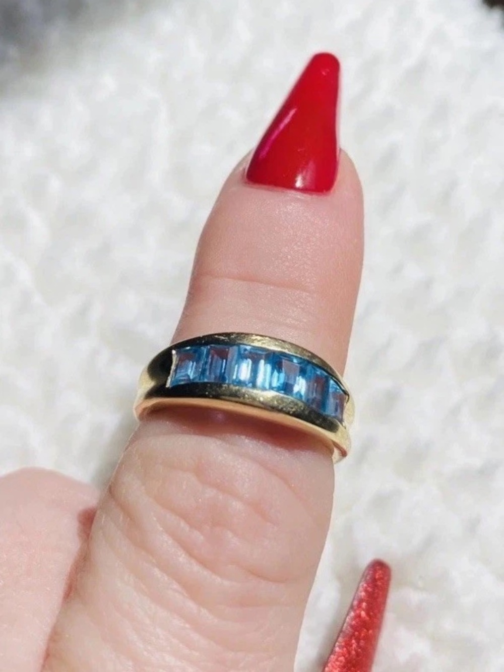Vintage London Blue Topaz 6 Channel Baguette Set Gemstone 14k Gold Ring Size 7